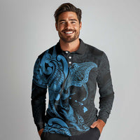 Hawaiian Manta Rays Long Sleeve Polo Shirt Tribal Hibiscus Polynesian Tattoos Blue Color - Polynesian Pride
