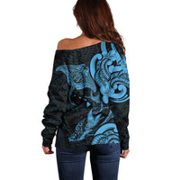 Hawaiian Manta Rays Off Shoulder Sweater Tribal Hibiscus Polynesian Tattoos Blue Color - Polynesian Pride