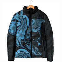 Hawaiian Manta Rays Padded Jacket Tribal Hibiscus Polynesian Tattoos Blue Color - Polynesian Pride