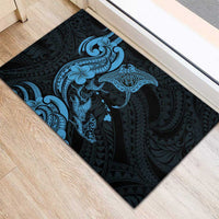 Hawaiian Manta Rays Rubber Doormat Tribal Hibiscus Polynesian Tattoos Blue Color - Polynesian Pride