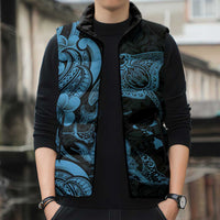 Hawaiian Manta Rays Sleeveless Puffer Jacket Tribal Hibiscus Polynesian Tattoos Blue Color - Polynesian Pride