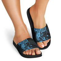 Hawaiian Manta Rays Slide Sandals Tribal Hibiscus Polynesian Tattoos Blue Color - Polynesian Pride
