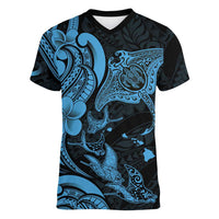 Hawaiian Manta Rays Women V-Neck T-Shirt Tribal Hibiscus Polynesian Tattoos Blue Color - Polynesian Pride