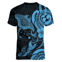 Hawaiian Manta Rays Women V-Neck T-Shirt Tribal Hibiscus Polynesian Tattoos Blue Color - Polynesian Pride