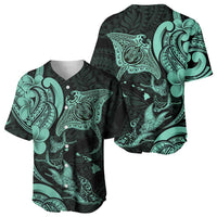Hawaiian Manta Rays Baseball Jersey Tribal Hibiscus Polynesian Tattoos Turquoise Color - Polynesian Pride