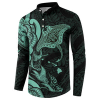 Hawaiian Manta Rays Button Sweatshirt Tribal Hibiscus Polynesian Tattoos Turquoise Color - Polynesian Pride