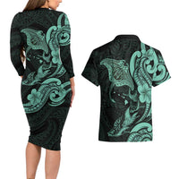 Hawaiian Manta Rays Couples Matching Long Sleeve Bodycon Dress and Hawaiian Shirt Tribal Hibiscus Polynesian Tattoos Turquoise Color - Polynesian Pride