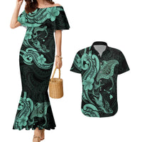 Hawaiian Manta Rays Couples Matching Mermaid Dress and Hawaiian Shirt Tribal Hibiscus Polynesian Tattoos Turquoise Color - Polynesian Pride