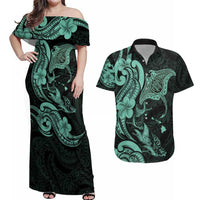 Hawaiian Manta Rays Couples Matching Off Shoulder Maxi Dress and Hawaiian Shirt Tribal Hibiscus Polynesian Tattoos Turquoise Color - Polynesian Pride