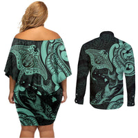 Hawaiian Manta Rays Couples Matching Off Shoulder Short Dress and Long Sleeve Button Shirt Tribal Hibiscus Polynesian Tattoos Turquoise Color - Polynesian Pride