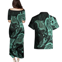 Hawaiian Manta Rays Couples Matching Puletasi and Hawaiian Shirt Tribal Hibiscus Polynesian Tattoos Turquoise Color - Polynesian Pride
