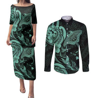 Hawaiian Manta Rays Couples Matching Puletasi and Long Sleeve Button Shirt Tribal Hibiscus Polynesian Tattoos Turquoise Color - Polynesian Pride