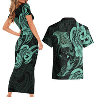 Hawaiian Manta Rays Couples Matching Short Sleeve Bodycon Dress and Hawaiian Shirt Tribal Hibiscus Polynesian Tattoos Turquoise Color - Polynesian Pride