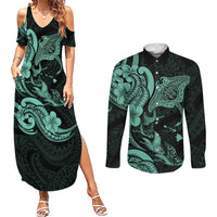 Hawaiian Manta Rays Couples Matching Summer Maxi Dress and Long Sleeve Button Shirt Tribal Hibiscus Polynesian Tattoos Turquoise Color - Polynesian Pride