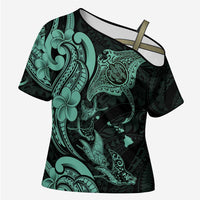 Hawaiian Manta Rays Cross Shoulder Shirt Tribal Hibiscus Polynesian Tattoos Turquoise Color - Polynesian Pride