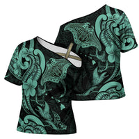 Hawaiian Manta Rays Cross Shoulder Shirt Tribal Hibiscus Polynesian Tattoos Turquoise Color - Polynesian Pride