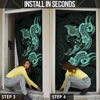 Hawaiian Manta Rays Door Cover Tribal Hibiscus Polynesian Tattoos Turquoise Color - Polynesian Pride