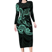 Hawaiian Manta Rays Family Matching Long Sleeve Bodycon Dress and Hawaiian Shirt Tribal Hibiscus Polynesian Tattoos Turquoise Color - Polynesian Pride