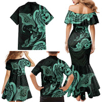 Hawaiian Manta Rays Family Matching Mermaid Dress and Hawaiian Shirt Tribal Hibiscus Polynesian Tattoos Turquoise Color - Polynesian Pride