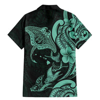 Hawaiian Manta Rays Family Matching Mermaid Dress and Hawaiian Shirt Tribal Hibiscus Polynesian Tattoos Turquoise Color - Polynesian Pride