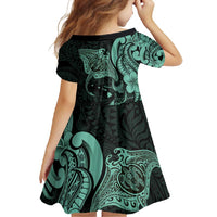 Hawaiian Manta Rays Family Matching Off Shoulder Maxi Dress and Hawaiian Shirt Tribal Hibiscus Polynesian Tattoos Turquoise Color - Polynesian Pride