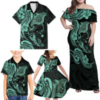Hawaiian Manta Rays Family Matching Off Shoulder Maxi Dress and Hawaiian Shirt Tribal Hibiscus Polynesian Tattoos Turquoise Color - Polynesian Pride
