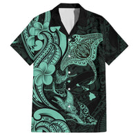 Hawaiian Manta Rays Family Matching Off Shoulder Maxi Dress and Hawaiian Shirt Tribal Hibiscus Polynesian Tattoos Turquoise Color - Polynesian Pride