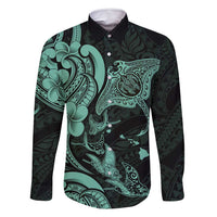 Hawaiian Manta Rays Family Matching Off Shoulder Maxi Dress and Hawaiian Shirt Tribal Hibiscus Polynesian Tattoos Turquoise Color - Polynesian Pride