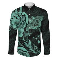 Hawaiian Manta Rays Family Matching Off Shoulder Maxi Dress and Hawaiian Shirt Tribal Hibiscus Polynesian Tattoos Turquoise Color - Polynesian Pride