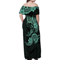 Hawaiian Manta Rays Family Matching Off Shoulder Maxi Dress and Hawaiian Shirt Tribal Hibiscus Polynesian Tattoos Turquoise Color - Polynesian Pride