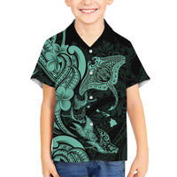 Hawaiian Manta Rays Family Matching Off Shoulder Maxi Dress and Hawaiian Shirt Tribal Hibiscus Polynesian Tattoos Turquoise Color - Polynesian Pride