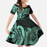 Hawaiian Manta Rays Family Matching Puletasi and Hawaiian Shirt Tribal Hibiscus Polynesian Tattoos Turquoise Color - Polynesian Pride