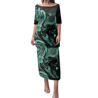Hawaiian Manta Rays Family Matching Puletasi and Hawaiian Shirt Tribal Hibiscus Polynesian Tattoos Turquoise Color - Polynesian Pride
