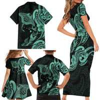 Hawaiian Manta Rays Family Matching Short Sleeve Bodycon Dress and Hawaiian Shirt Tribal Hibiscus Polynesian Tattoos Turquoise Color - Polynesian Pride
