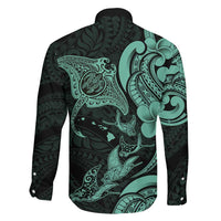 Hawaiian Manta Rays Family Matching Short Sleeve Bodycon Dress and Hawaiian Shirt Tribal Hibiscus Polynesian Tattoos Turquoise Color - Polynesian Pride