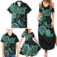 Hawaiian Manta Rays Family Matching Summer Maxi Dress and Hawaiian Shirt Tribal Hibiscus Polynesian Tattoos Turquoise Color - Polynesian Pride