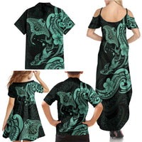 Hawaiian Manta Rays Family Matching Summer Maxi Dress and Hawaiian Shirt Tribal Hibiscus Polynesian Tattoos Turquoise Color - Polynesian Pride