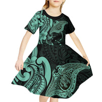Hawaiian Manta Rays Kid Short Sleeve Dress Tribal Hibiscus Polynesian Tattoos Turquoise Color - Polynesian Pride