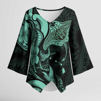 Hawaiian Manta Rays Kimono Sleeve Blouse Tribal Hibiscus Polynesian Tattoos Turquoise Color - Polynesian Pride