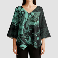 Hawaiian Manta Rays Kimono Sleeve Blouse Tribal Hibiscus Polynesian Tattoos Turquoise Color - Polynesian Pride