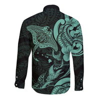 Hawaiian Manta Rays Long Sleeve Button Shirt Tribal Hibiscus Polynesian Tattoos Turquoise Color - Polynesian Pride