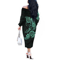 Hawaiian Manta Rays Off The Shoulder Long Sleeve Dress Tribal Hibiscus Polynesian Tattoos Turquoise Color - Polynesian Pride
