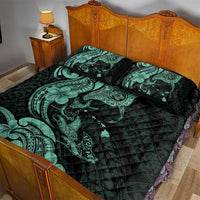 Hawaiian Manta Rays Quilt Bed Set Tribal Hibiscus Polynesian Tattoos Turquoise Color - Polynesian Pride