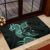 Hawaiian Manta Rays Rubber Doormat Tribal Hibiscus Polynesian Tattoos Turquoise Color - Polynesian Pride
