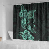 Hawaiian Manta Rays Shower Curtain Tribal Hibiscus Polynesian Tattoos Turquoise Color - Polynesian Pride