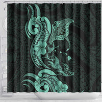 Hawaiian Manta Rays Shower Curtain Tribal Hibiscus Polynesian Tattoos Turquoise Color - Polynesian Pride