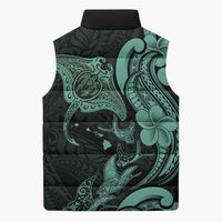 Hawaiian Manta Rays Sleeveless Puffer Jacket Tribal Hibiscus Polynesian Tattoos Turquoise Color - Polynesian Pride