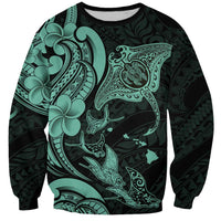 Hawaiian Manta Rays Sweatshirt Tribal Hibiscus Polynesian Tattoos Turquoise Color - Polynesian Pride