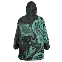 Hawaiian Manta Rays Wearable Blanket Hoodie Tribal Hibiscus Polynesian Tattoos Turquoise Color - Polynesian Pride
