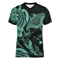 Hawaiian Manta Rays Women V-Neck T-Shirt Tribal Hibiscus Polynesian Tattoos Turquoise Color - Polynesian Pride
